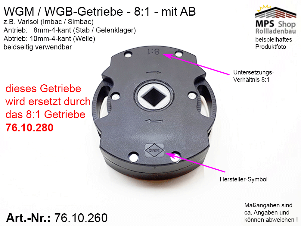 Schneckengetriebe 8:1, mit AB - metall, GEIGER Varisol (Alternative zu IMBAC) – Bild 2