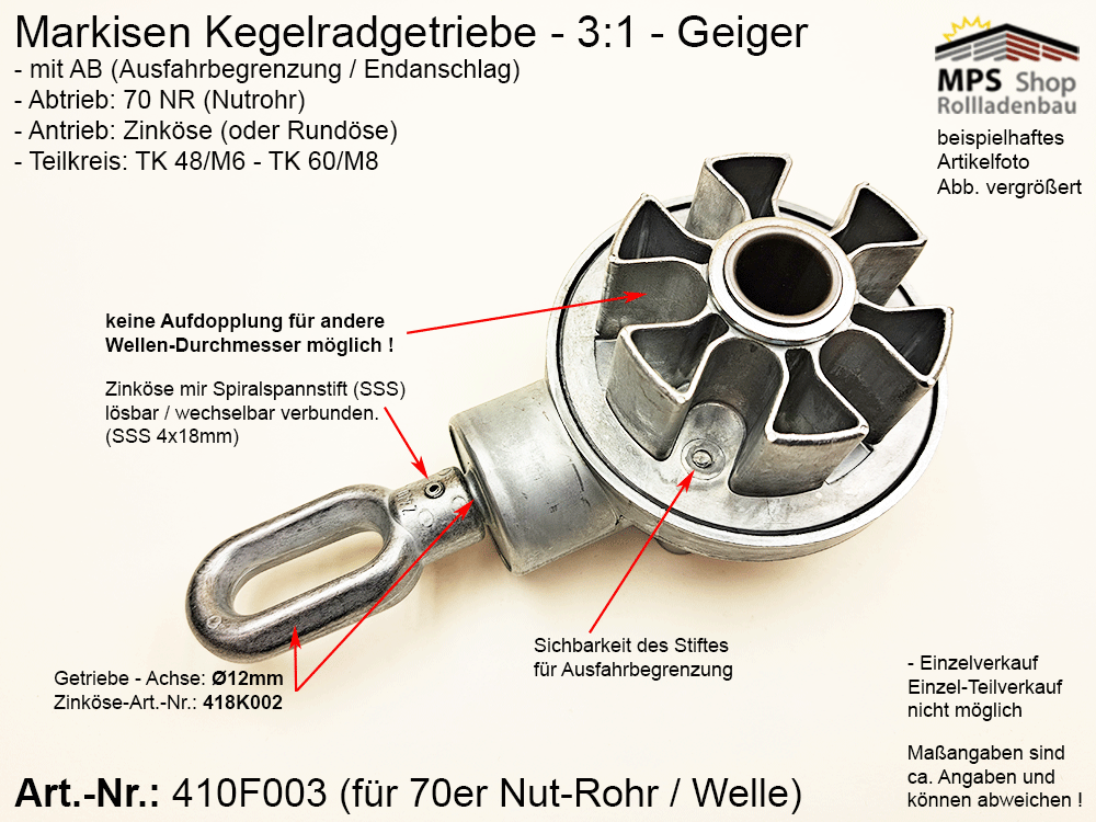 Markisen Kegelradgetriebe 3:1, für 70er Nutrohr (410F003)