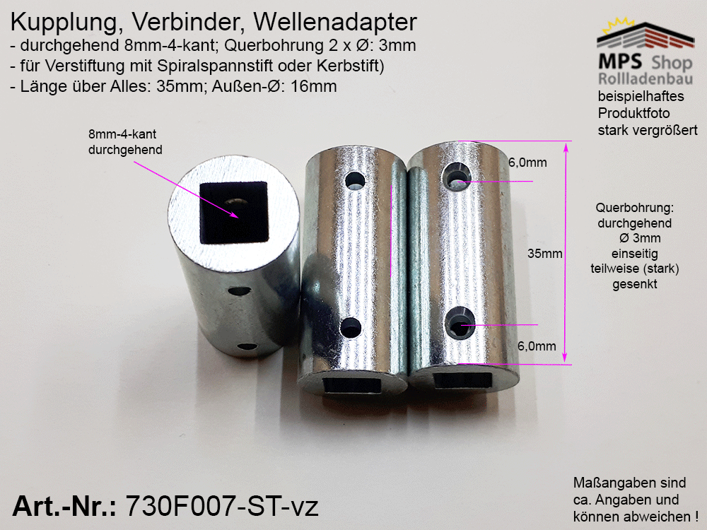 Kupplungsstück ST-vz., - L 35mm, Ø16mm - Innen-8mm-4kant – Bild 2