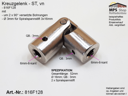 Kreuzgelenk Ø16mm ST-vz 6mm-6kant (816F128)