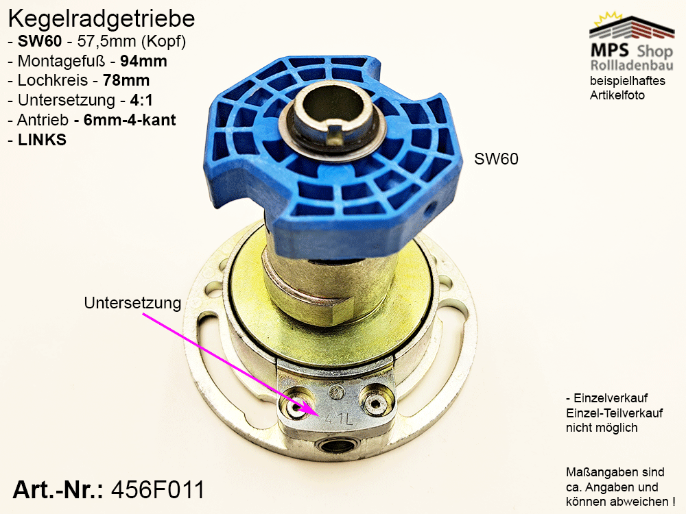 456F011-Links Kegelradgetriebe 4:1 SW60 (Innen 57,5mm)