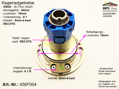 456F004-Rechts Kegelradgetriebe 4:1 SW40 (Innen 36,7mm)