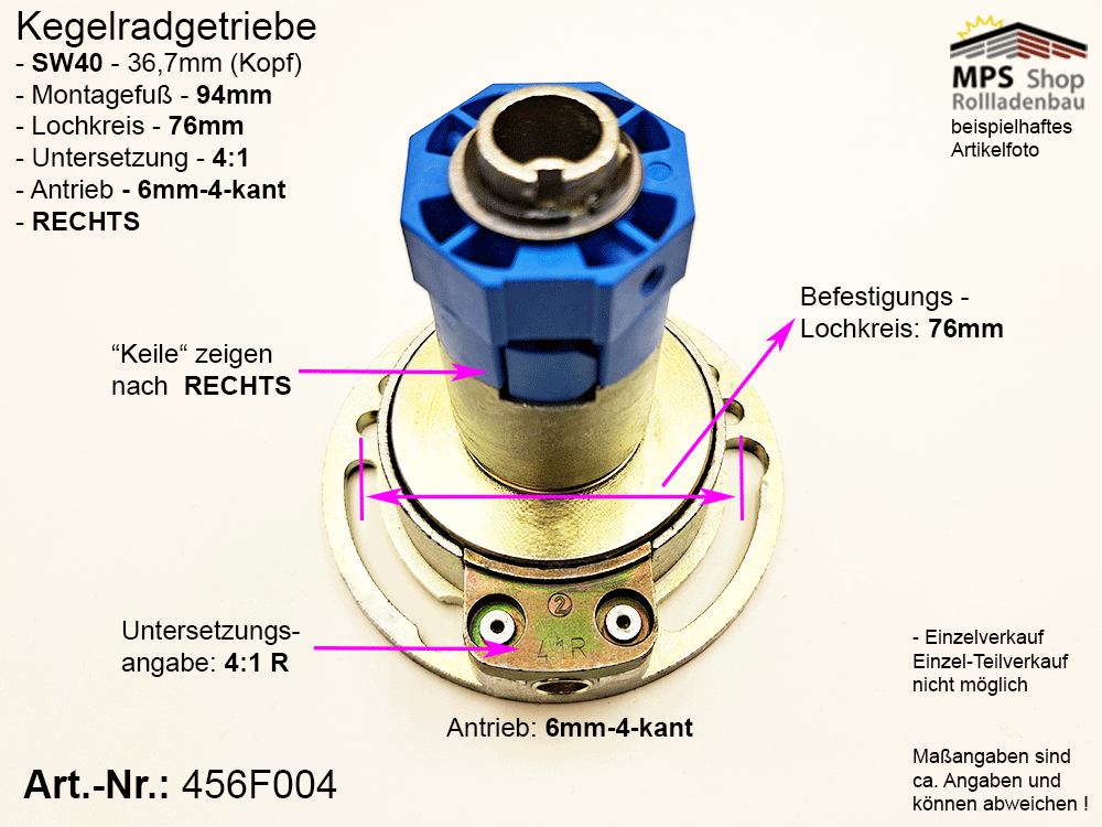 456F004-Rechts Kegelradgetriebe 4:1 SW40 (Innen 36,7mm)