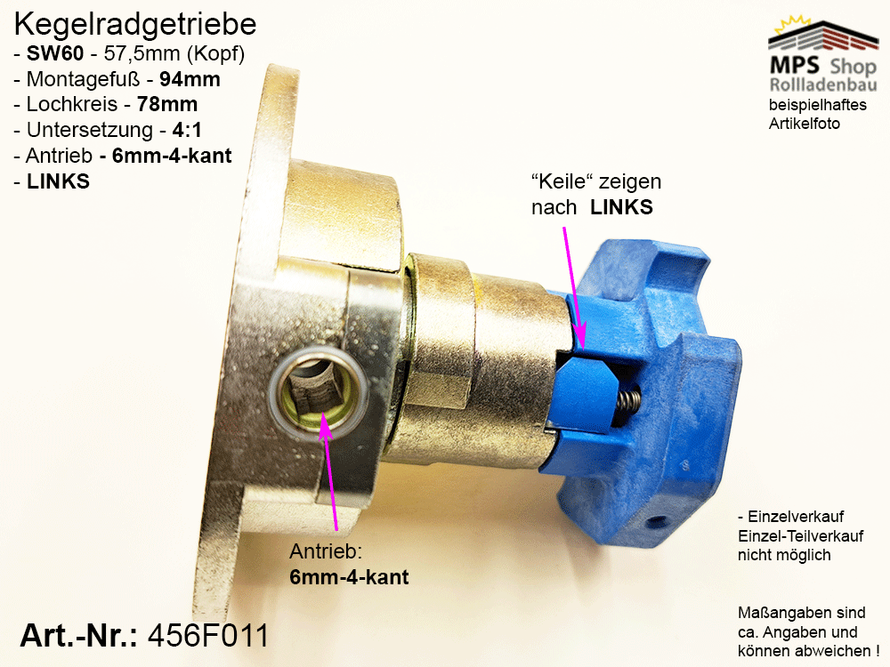 456F011-L, Kegelradgetriebe, Kurbelgetriebe, SW60, gr.Fuß, 4:1, 21/28kg, LINKS