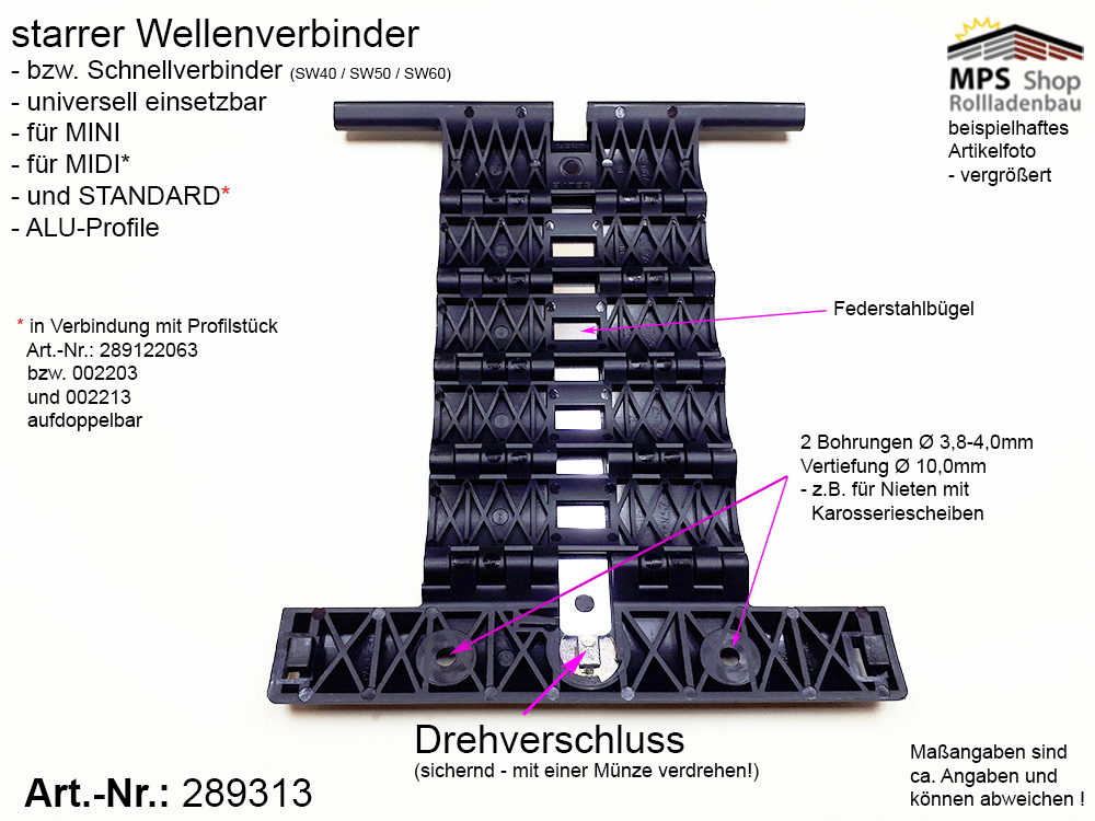 289313, starrer Wellenverbinder, MINI, MIDI, STANDARD Profile, SW40 - SW60, Selve, SecuFix, 4-gliedrig