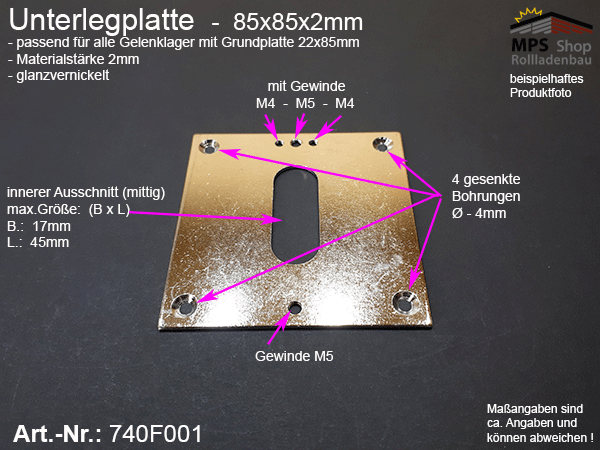 740F001, Unterlegplatte 85x85x2mm für Gelenklager mit Grundplatte 22x85mm; 45° und 90° - glanzvernickelt