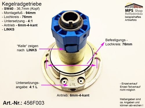 456F004-Rechts Kegelradgetriebe 4:1 SW40 (Innen 36,7mm)