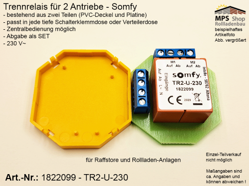 Trennrelais für 2 Antriebe, Zentralsteuerung möglich - Somfy TR2-U-230V (1822099)